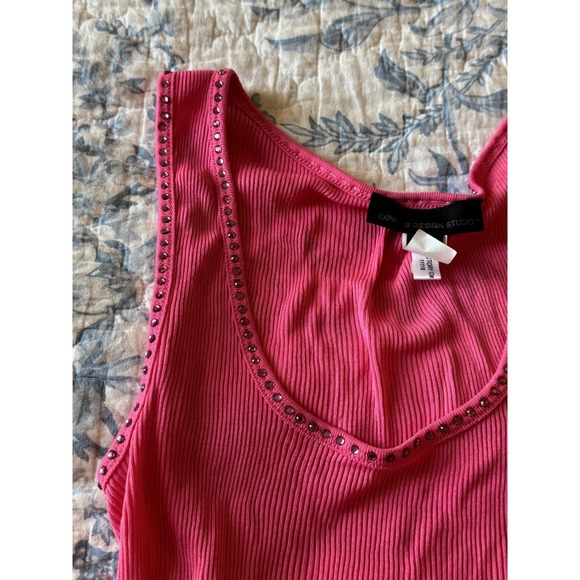 express design studio Tops - Vintage, 2000s Hot Pink Ribbed Camisole with Pink Rhinestone Neckline, sz large